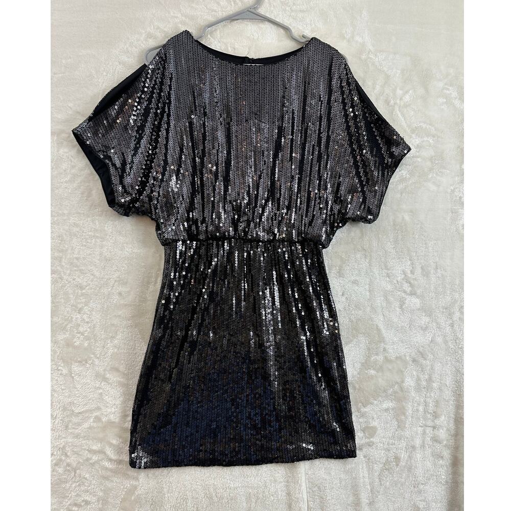 Cache Black Split Sleeve Full Sequin Dress 4 Small Club Event